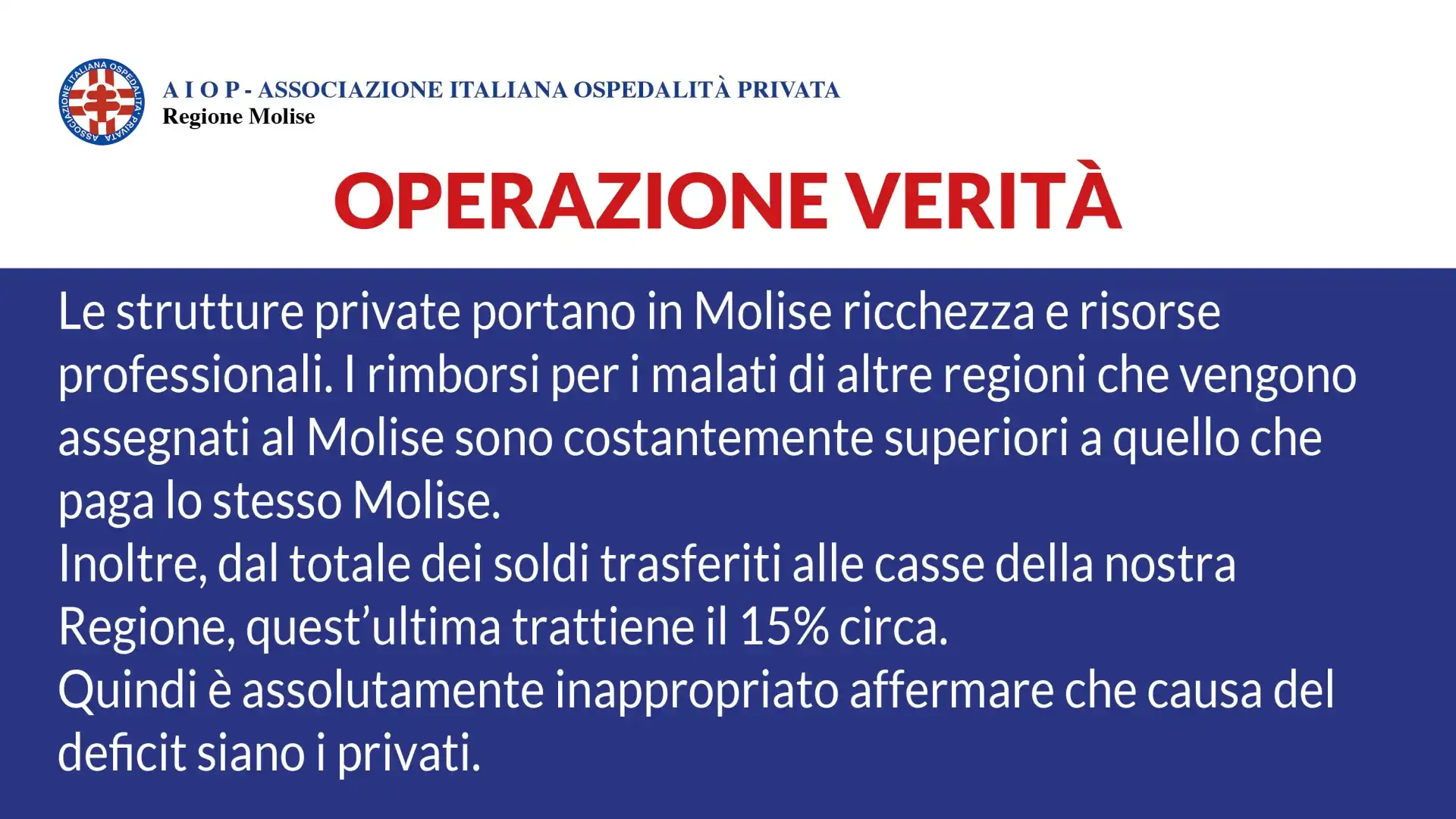 Continua l’operazione verità dell’Aiop Molise. Il “Caso Molise” nella nota dell’Associazione Italiana Ospedalità privata.